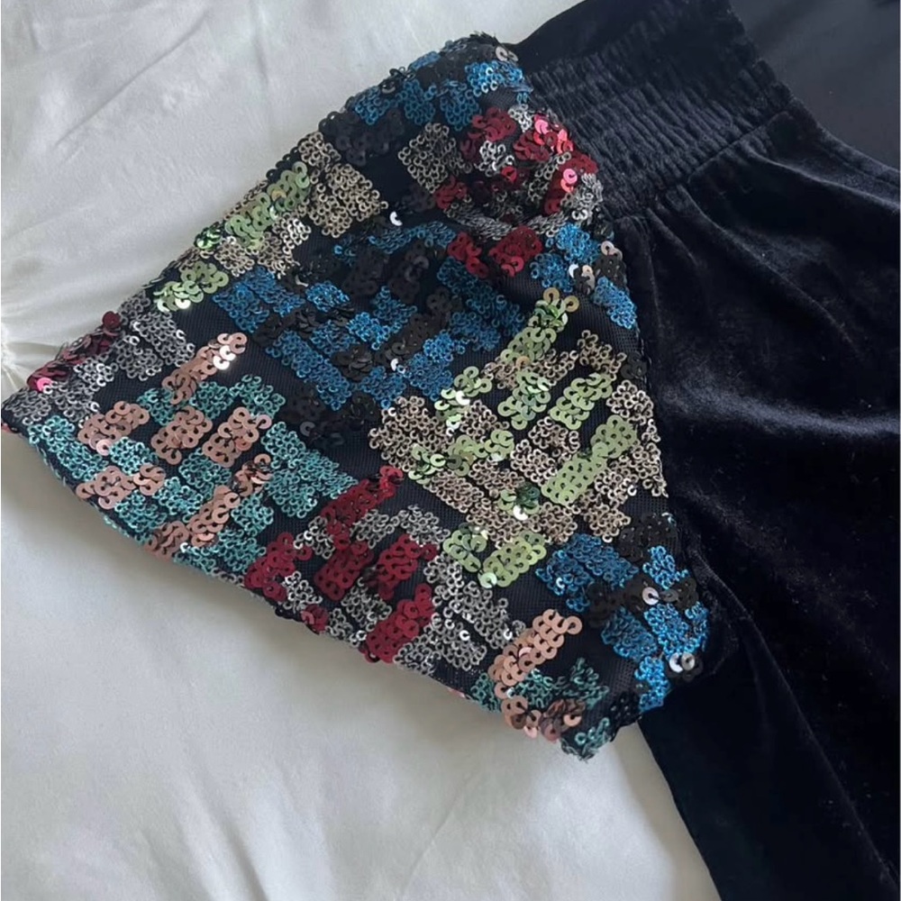 Sugarlips Black Velvet Top with Multicolor Sequin Sleeves - Picture 2 of 2